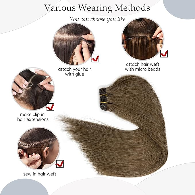 Weft Hair Extensions, Real Human Hair Bundles - 120G, 22 Inch Ash Brown Weave, Sew In, Hand Tied