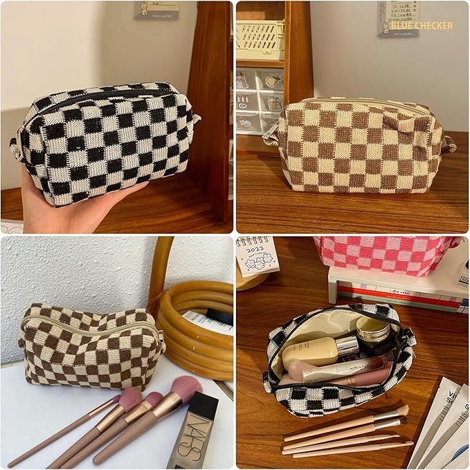 4pcs Checkered Makeup Bag Cosmetic Bag for Women, Y2k Accessories Aesthetic Plaid Makeup Bag for Women, Large Capacity Pencil Case Makeup Brushes Storage Bag Travel Toiletry Bag Organizer