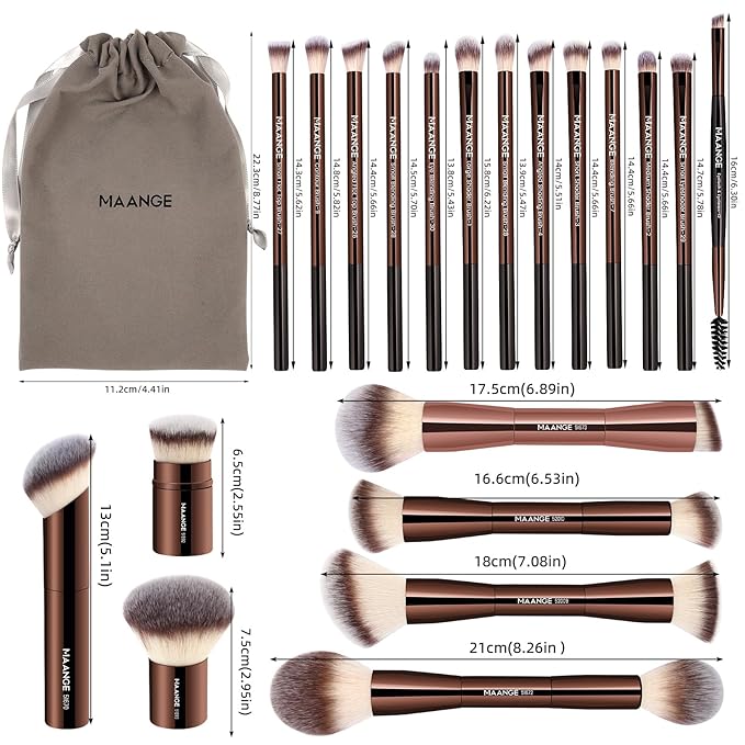 MAANGE 20 PCS Foundation Makeup Brush Set, Double-ended Kabuki Contour Brush for Liquid Powder Concealer Blending Blush Face Makeup Tools (Coffee)