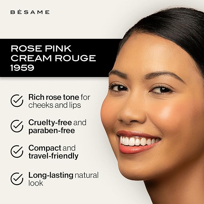 BESAME Rose Pink Cream Rouge - 1959, Highly Pigmented, Matte Finish, Multi-Use for Lips and Cheeks, Vintage-Inspired Reusable Tin, Long-Wearing, Sensitive Skin Friendly