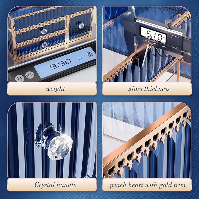 Makeup Organizer Blue - Tempered Glass Vanity Organizer for Cosmetics, Skincare, Hair Tools, Brushes, Perfume - Multipurpose Bathroom Counter Skincare Organizer