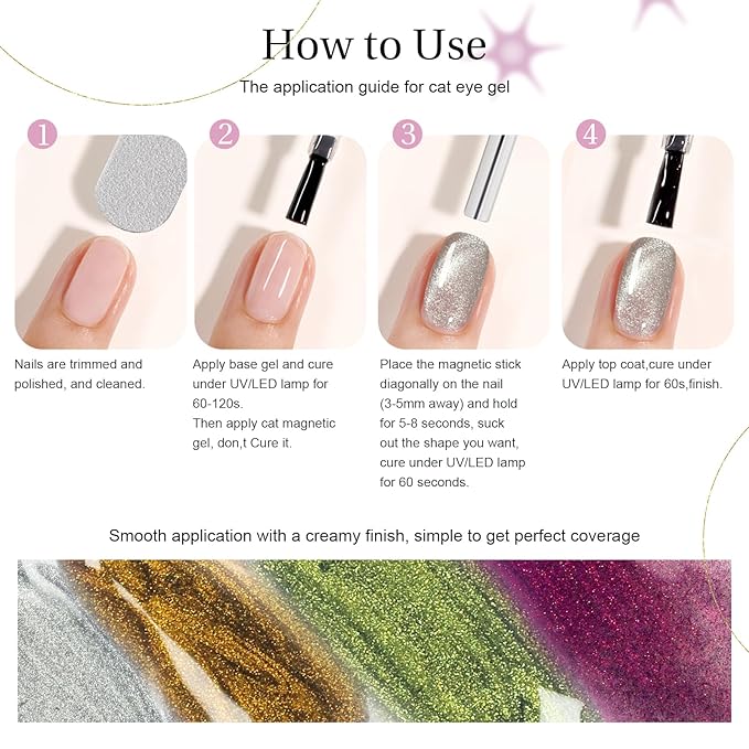 Cat Eye Gel Nail Polish Set with Strong Magnet Stick, 4 Colors 7.5ml Gel Polish Kit + 1 Box Nail Art Rhinestones + 3PCS Nail Art Stamper Kit Clear Silicone Nail Stamping for DIY Manicure