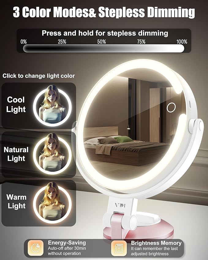15X/1X Wall Mounted Magnifying Makeup Mirror with Power Suction Cup, Rechargeable Double Sided Regular HD/Magnification 3 Color Modes Adjustable Brightness Mirror with Lights for Bathroom, Travel