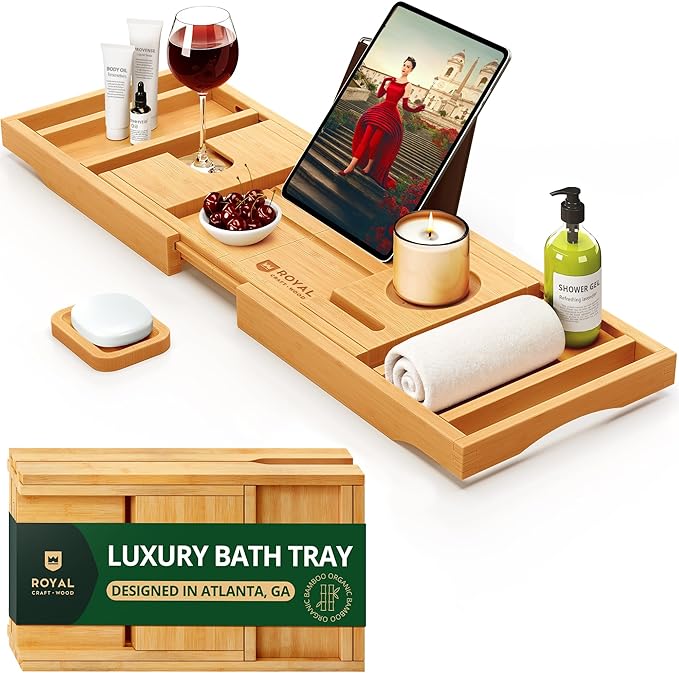 ROYAL CRAFT WOOD Premium Foldable Bathtub Tray - Wood Bath Tray for Tub, Bamboo Shelf, Expandable Bath Table Trays, Bathtub & Bathroom Accessories for New Home & Mothers Day & Birthday Gifts for Mom