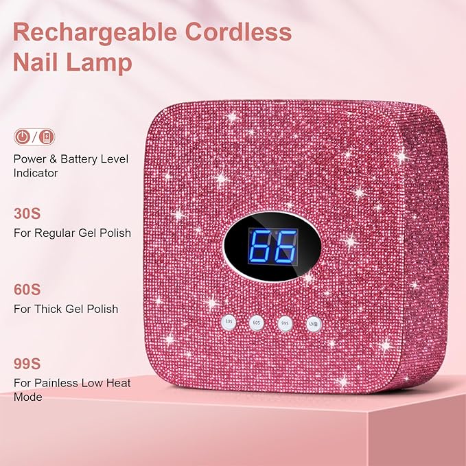 Cordless UV Nail Lamp, 54W Rechargeable UV Light for Gel Nails, Nail Dryer with 3 Timer Modes, Professional Quick Dry Curing Lamp for Salon & Home (Red Diamond)
