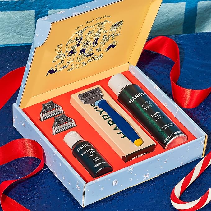 Harry's Holiday Shaving Gift Set for Men - Razor Handle, 3 Razor Blade Refills, Foaming Shave Gel, and Post-Shave Balm - Evening Blue