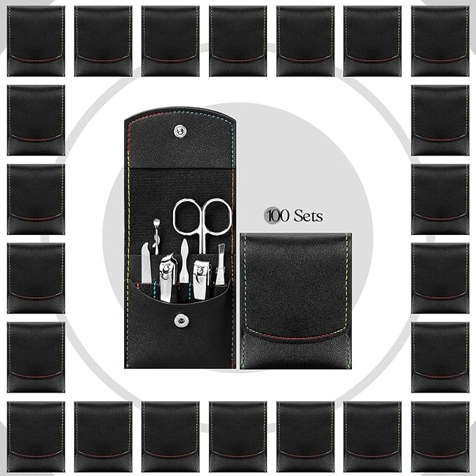 Lasnten 100 Bulk Nail Clipper Set Bulk Manicure Kit Stainless Steel Pedicure Professional Nail Care Kit with Travel Case Portable Grooming for Husband Men Women Family(Black,7 in 1)