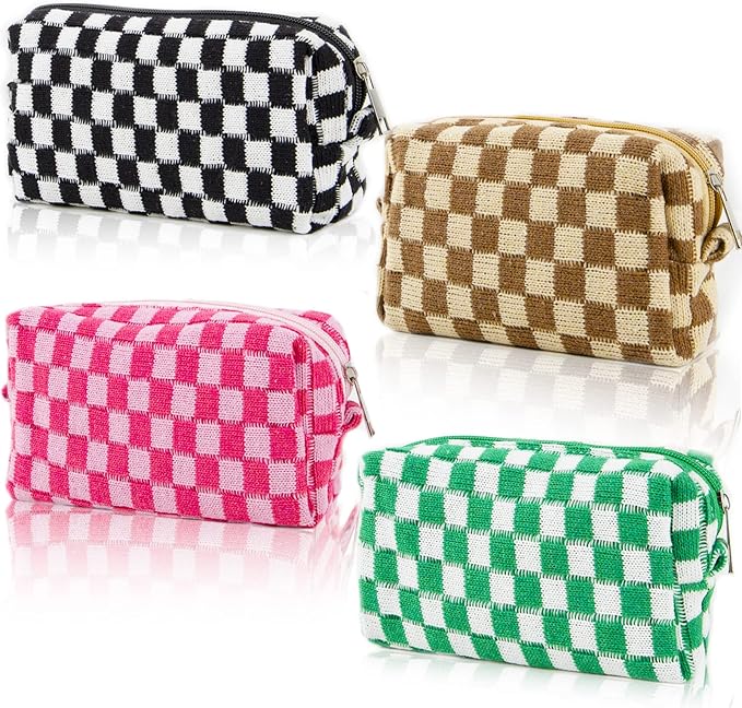 4 PCS Checkered Makeup Bag Cosmetic Bag for Women Checkered Pouch Plaid Makeup Bag for Women Large Capacity Pencil Case Makeup Brushes Storage Bag Travel Toiletry Bag Organizer