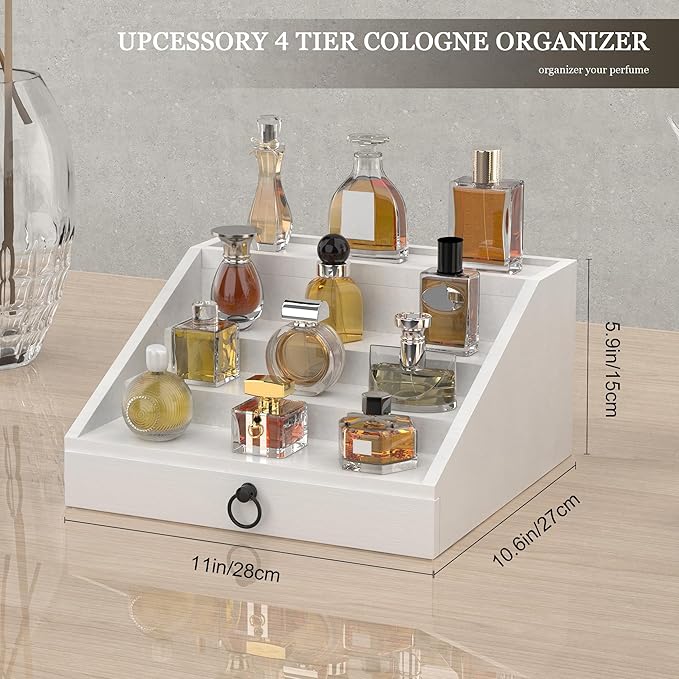 Wooden Cologne Organizer for Men Enhanced 4 Tier Cologne Stand Shelf Perfume Organizer with Velvet Lined Drawer & Hidden Storage Perfume Display Holder for Dresser Nice Gift (Elegant White)