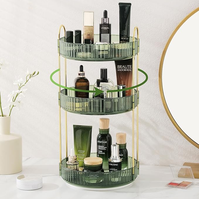 Aveniee Rotating Makeup Organizer for Vanity, 3 Tier Skin Care Perfume Bathroom Counter Organizers and Storage, Clear Spinning Cosmetics Storage Holder for Dresser(Green)
