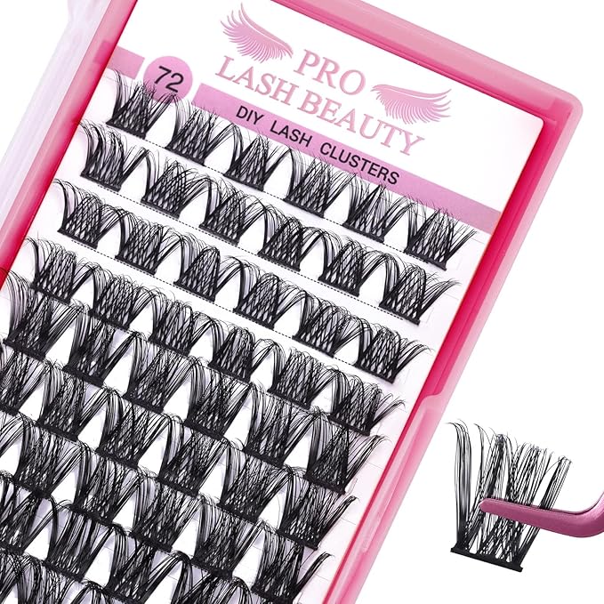 PRO LASHBEAUTY Cluster Lashes, 72 Pcs Individual Lashes, DIY Eyelash Extension, Super Thin Band, Reusable, Soft & Comfortable (Into You-01-D-16mm)