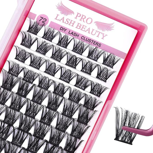 PRO LASHBEAUTY Cluster Lashes, 72 Pcs Individual Lashes, DIY Eyelash Extension, Super Thin Band, Reusable, Soft & Comfortable (Into You-01-D-16mm)