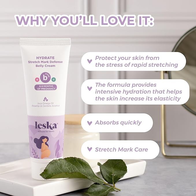 Leska Maternity Stretch Mark Cream | STAGE B: HYDRATE Stretch Mark Defense Belly Cream (Pregnancy Months 6-9) | Part of a Complete 3 Stage Pregnancy Skin Care System | New Mom Gifts (4oz)