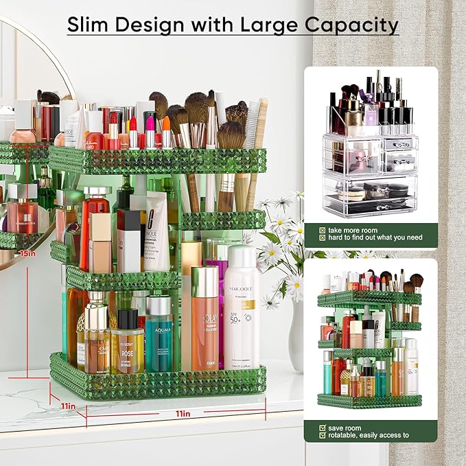 360 Rotating Makeup Organizer, Acrylic DIY Adjustable Bathroom Makeup Carousel Spinning Holder Rack, Large Capacity Cosmetics Storage Box Vanity Countertop, Skin-care Organizers (Green)