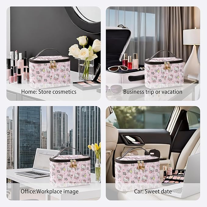 AmBealla Cosmetic Bag Large Makeup Bag Pink Makeup Travel Case with Brush Holder, Canvas Organizer for Women, Toiletry Bag for Skincare & Beauty Tools Sweet Cute for Girls