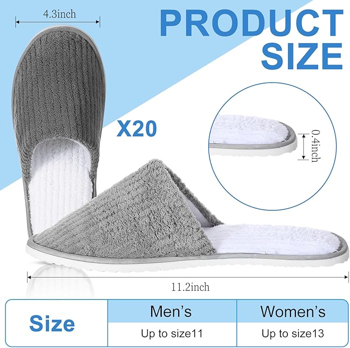 Panitay 20 Pairs Reusable Spa Slippers for Guests Washable House Slippers with Triple Layer Coral Fleece for Home Indoor Hotel Travel, Closed Toe