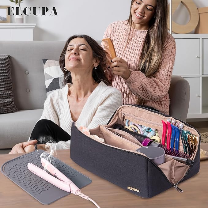 Large Travel Bag - 2in1 Hair Tools Organizer for Dryer Brush, Flat Irons, Straighteners, Curling Irons, Makeup Bag for Travel Essentials