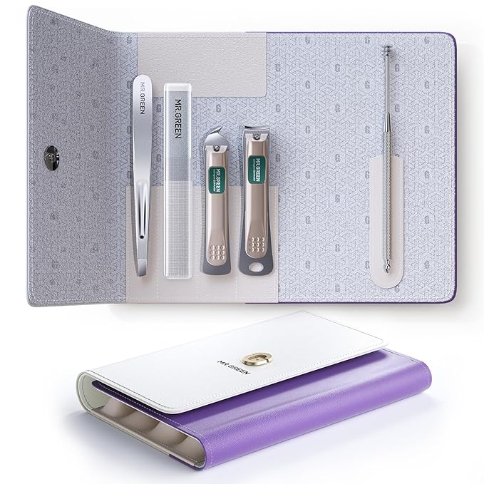 MR.GREEN Nail Clippers, 5PCS Nail Clipper Set with Fingernail Clippers,Ear Pick,Glass Nail File,Tweezers, Professional Manicure Set for Men and Women, Nail Cutter with Leather Case (Purple)