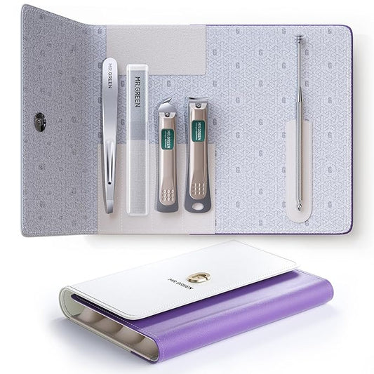 MR.GREEN Nail Clippers, 5PCS Nail Clipper Set with Fingernail Clippers,Ear Pick,Glass Nail File,Tweezers, Professional Manicure Set for Men and Women, Nail Cutter with Leather Case (Purple)