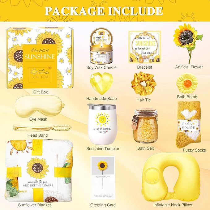 LUCOTIYA Sunflower Get Well Gifts for Women Self-Care Gift Set with Wine Tumbler, Blanket, Neck Pillow, Cozy Socks, Candle, Bath Bombs, for Women Birthday Mom Grandma