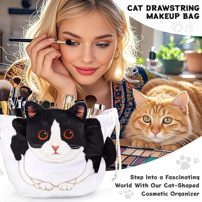 Drawstring Makeup Bag, Cat Makeup Bag, Travel Makeup Organizer, Cosmetic Pouch Bag, Cat Gift for Women, Lay Flat Makeup Bag Gifts for Cat Lovers