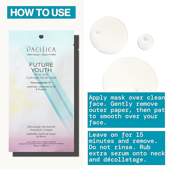 Pacifica Future Youth Time Shift Hydrogel Facial Mask, Multi-Peptide Anti-Aging Sheet Mask for Firming & Plumping, Ultra-Hydrating Serum-Infused Mask for Face & Neck, 100% Vegan