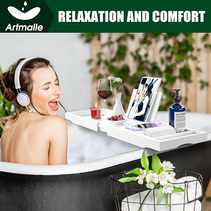 Artmalle Foldable Bathtub Caddy Tray for Tub, Bamboo Bathtub Tray Table with Book Holder for Home Spa Relax, Bathroom Accessories for Women Men with Free Soap Dish (Semi-Simple, White)