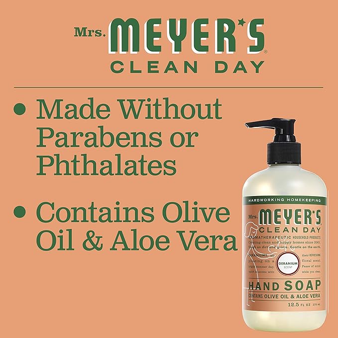 MRS. MEYER'S CLEAN DAY Hand Soap, Made with Essential Oils, Biodegradable Formula, Geranium, 12.5 fl. oz - Pack of 3