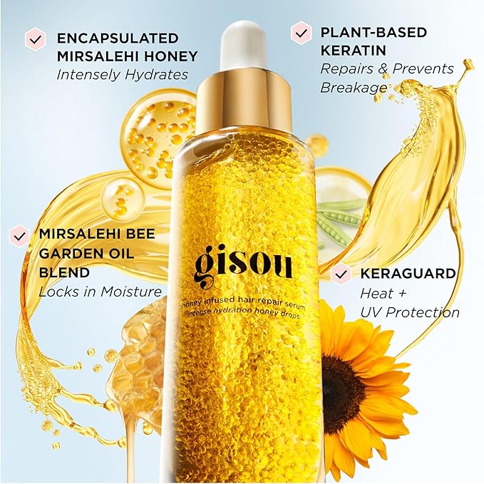 Gisou Honey Infused Hair Serum - Hydrating, Heat Protectant for Damaged, Dry Hair and Split Ends Repair, 30ml