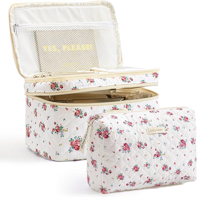 HBselect 2Pcs Travel Makeup Bag, Large Cotton Quilted Makeup Bag Cosmetic Bag Cute Make up Bag Toiletry Bags for Women Girls