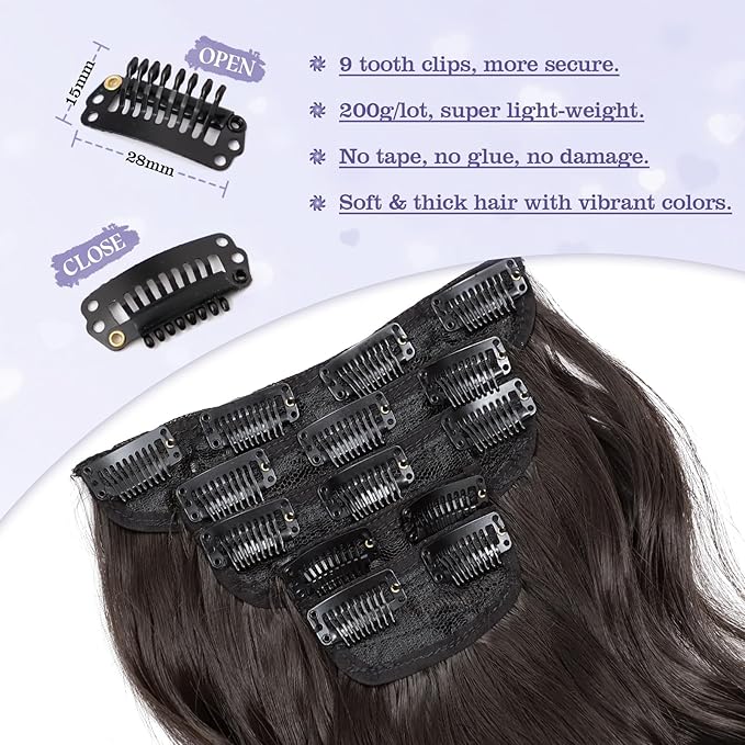 Synthetic Clip in Hair Extensions 20 Inch 5Pcs Dark Brown Long Wavy Thick Hairpieces Double Weft Natural Hair Extensions for Women