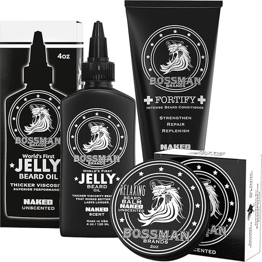 Bossman Essentials Beard Kit for Men – Beard Oil Jelly, Fortifying Conditioner Cream & Beard Balm – Grooming Care Accessories (Naked - Unscented)