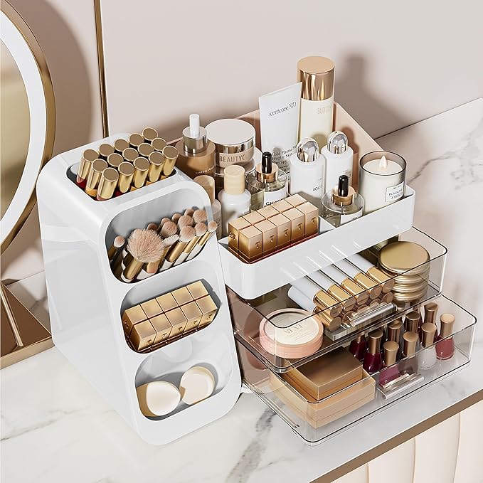 Delamu Makeup Organizer with Drawers for Vanity, Spacious Cosmetic Display Case with Makeup Brush Holder, Perfect Vanity Bathroom Organizer and Storage Solution for Skincare & Beauty Essentials, White