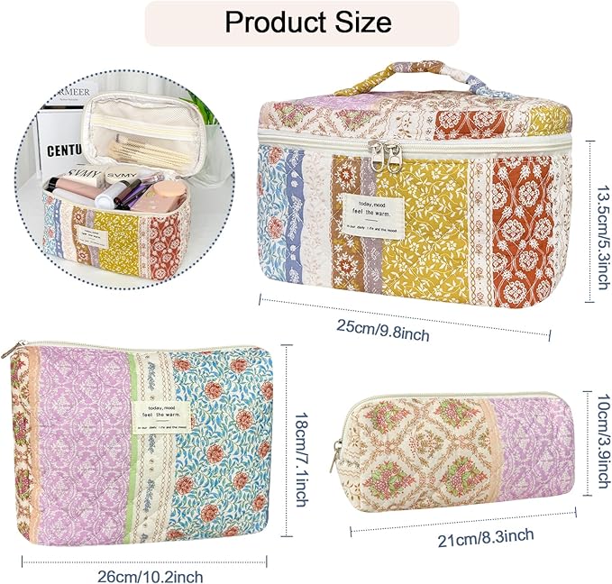 3Pcs Cotton Quilted Makeup Bag for Women Girls, Large Floral Cosmetic Bag Set Cute Makeup Brushes Aesthetic Accessories Storage Bag Travel Toiletry Bag Organizer for Women