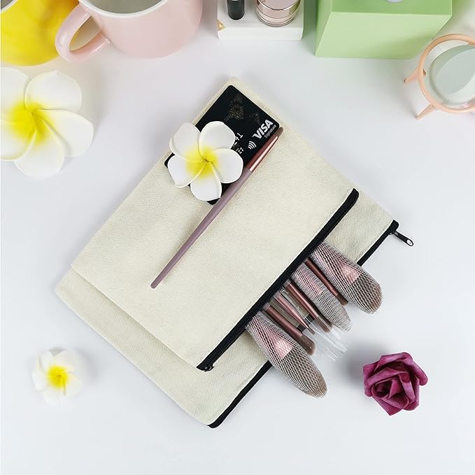 Koolmox 30 Pencil Pouch with Zipper 8x5'', Cotton Canvas Toiletry Pouch, Bulk Plain Cosmetic Bags for Women Pencil Case Vinyl Projects Crafts, Beige Make Up Pouches with Black Zippers