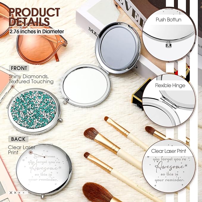 Roowest 10 Pcs Inspirational Compact Mirror Sometimes You Forget You're Awesome Appreciation Gifts for Women Mother's Day Party Favors Magnifying Pocket Mirror (Green)