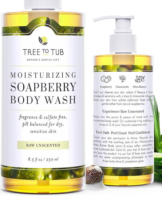 Tree to Tub Unscented Body Wash for Sensitive Skin & Dry Skin - Moisturizing pH Balanced Fragrance Free Body Wash, Hydrating Sulfate Free Body Soap for Women & Men w/Organic Shea Butter, Natural Aloe