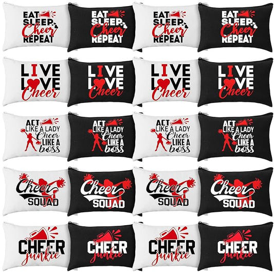 Pinkunn 20 Pcs Cheer Makeup Bags Bulk Cheerleader Gifts for Women Canvas Cheer Cosmetic Pouch Toiletry Zipper Makeup Case Cheerleading Portable Travel Pouch Team Accessories(Red)