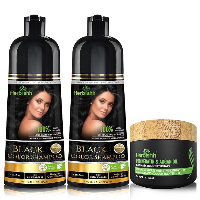 Combo Pack - 2pcs Herbishh Hair Color Shampoo + 1pc Argan Intense Hair Mask - Long-lasting Gray Hair Dye - 500ml - Stimulates Dry, Frizzy Hair (Black)