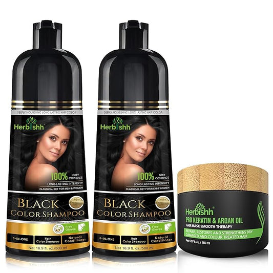 Combo Pack - 2pcs Herbishh Hair Color Shampoo + 1pc Argan Intense Hair Mask - Long-lasting Gray Hair Dye - 500ml - Stimulates Dry, Frizzy Hair (Black)