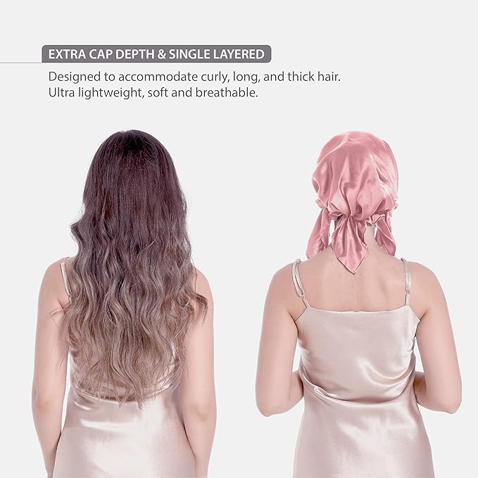 100 percent Silk Bonnet for Sleeping, Hair Bonnet with Tie Band, Large Silk Sleep Cap for Curly Hair, Silk Hair Wrap for Hair Care (Rose Pink), One Size