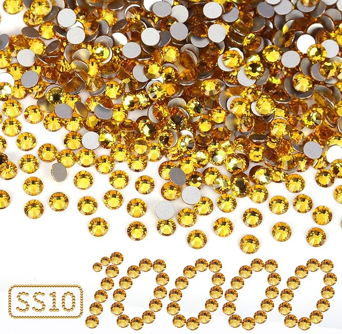 10000PCS Gold Yellow Rhinestones Bulk, Flat Back Crystal Glass Stone Round Gems,SS10, 2.7-2.9mm