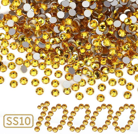 10000PCS Gold Yellow Rhinestones Bulk, Flat Back Crystal Glass Stone Round Gems,SS10, 2.7-2.9mm