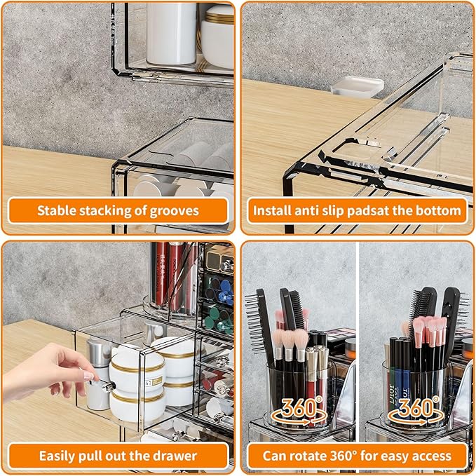 Clear Acrylic Makeup Organizers for Countertop & Vanity,2 Pack Cosmetic Storage Organizer with Brush Holder,Cute Makeup Holder and Make up Containers for Dresser Top,Dorm,Bathroom Skincare Organizer