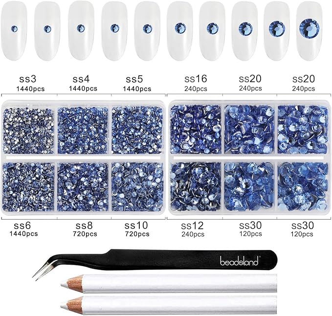Beadsland 8300PCS Flatback Rhinestones, Light Blue Rhinestone Nail Gems Round Crystal Rhinestones for Crafts, Mixed 10 Sizes with Wax Pencil and Tweezer Kit, SS3-SS30, Light Sapphire