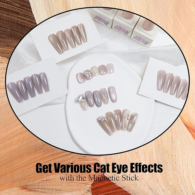 Adhere 7Pcs 12ML Cat Eye Soak Off UV LED Gel Nail Polish Set, Reflective Glitter Cat Eye, Sparkling Diamond Magnetic Champagne,Light purple,Romantic Pink Color with Magnet