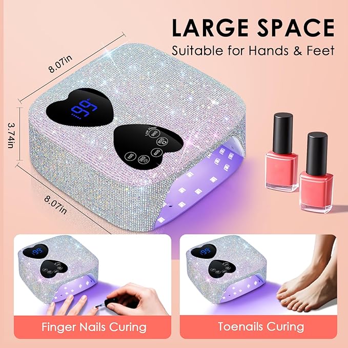 UV LED Nail Lamp Cordless, HUITINE 80W Rechargeable UV Light for Gel Nails, Professional Gel Light Dryer with 5 Timers & Mirror Base, Sparkling Rhinestones Diamond Curing Lamp for Salon & Home