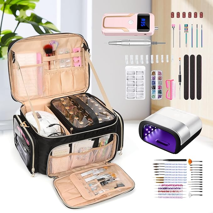 Nail Polish Organizer, Nail Polish Storage Holds 50-70 Bottles & Nail Lamp, Portable Travel Nail Kit Storage Carrying Case Fits Nail Suppiles, Gift for Manicurist, Grils (Black)
