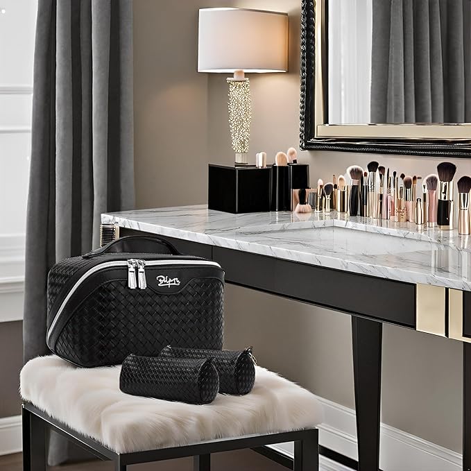 BOYATU Travel Makeup Bags for Women: 3 Pcs Large Make up Bags Set - Vegan Leather Cosmetic Bag for Traveling - Waterproof Toiletry Organizer (L02 Black)