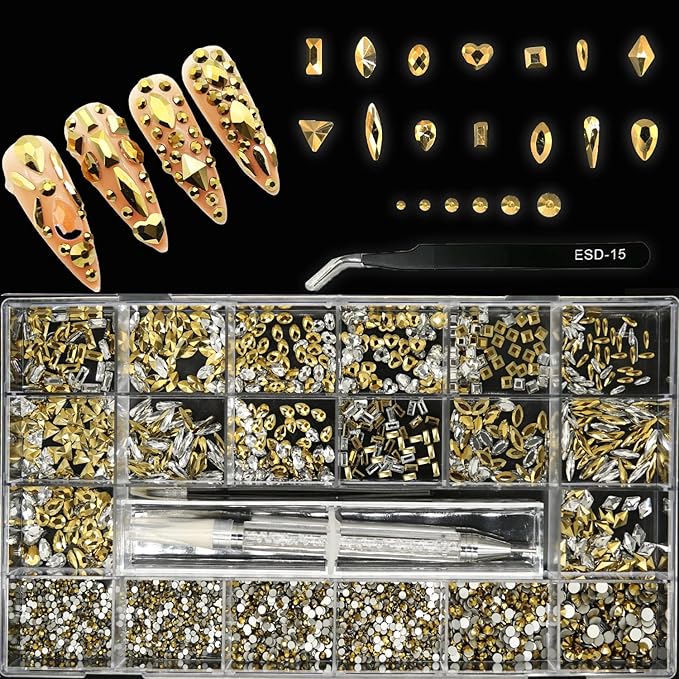 4180 Pcs Crystal Flatback Rhinestones Gems Nail Kit for Nail Art,Crafts,Clothes Shoes Decorations Jewelry (700 Diamonds + 3480 Flat Rhinestones, with Rhinestones Pen), Gold